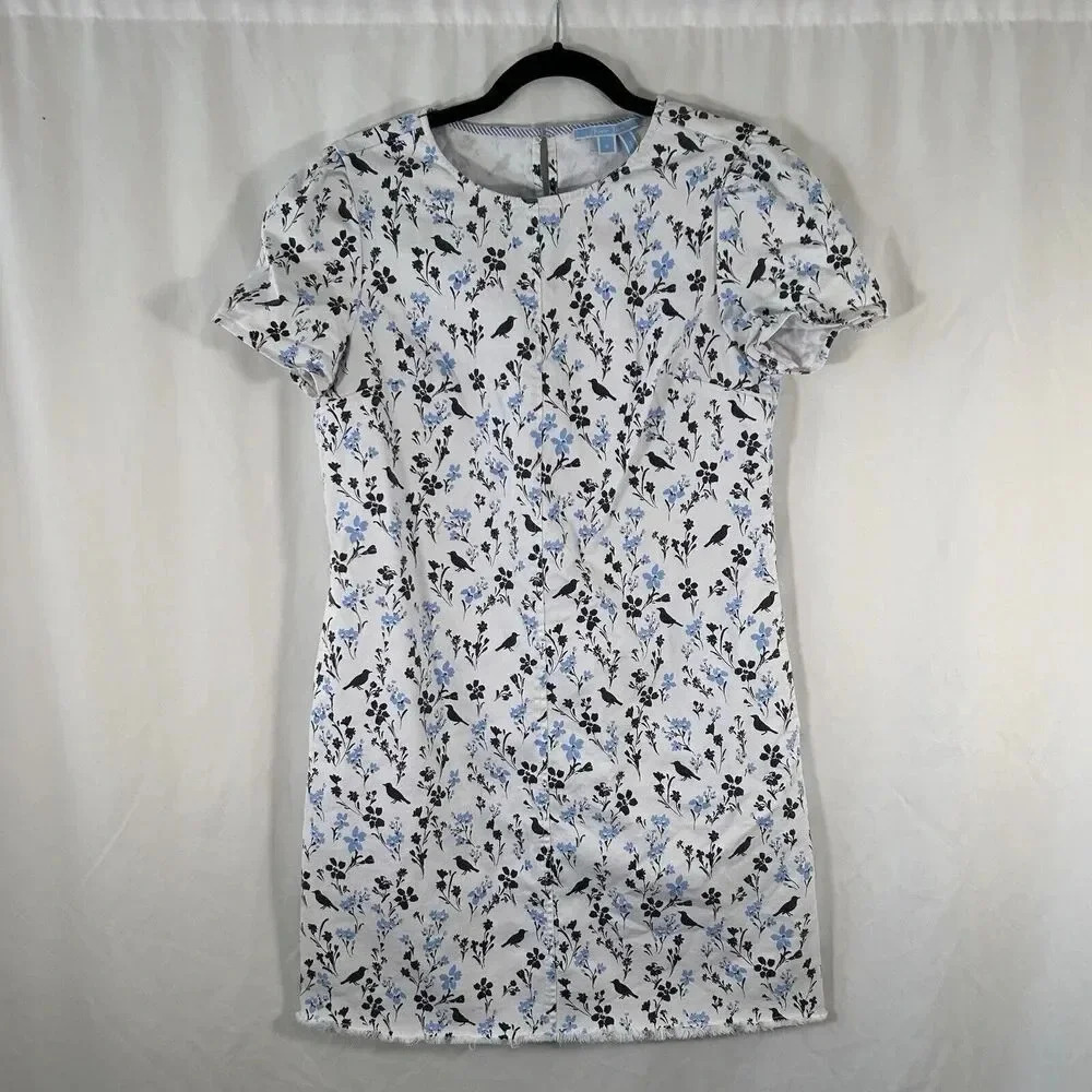 Draper James Knee Length Dress Size 8 White Blue Floral Shift Dress Short Sleeve
